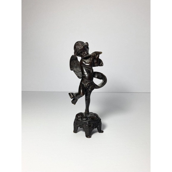 Antique Early 1900’s French Cherub Putti Playing Flute Bronze Statuette 5 3/4” - Picture 2 of 10